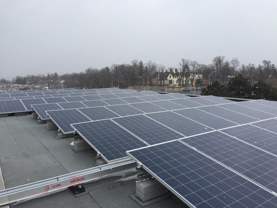 Solar panels on the roof of the J-Wing at the Mohawk College Fennell campus.