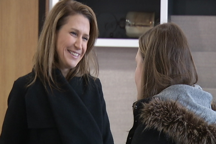 Caroline Mulroney talks with a Progressive Conservative supporter during a campaign stop in Peterborough on Tuesday morning.