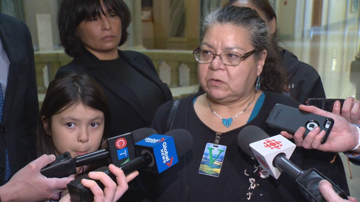 Patricia Whitebear (centre) shares her 60s Scoop story, alongside Laticia Racine and her granddaughter Xavierra Whitebear.