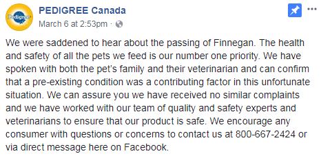 Facebook statement from Pedigree Canada.