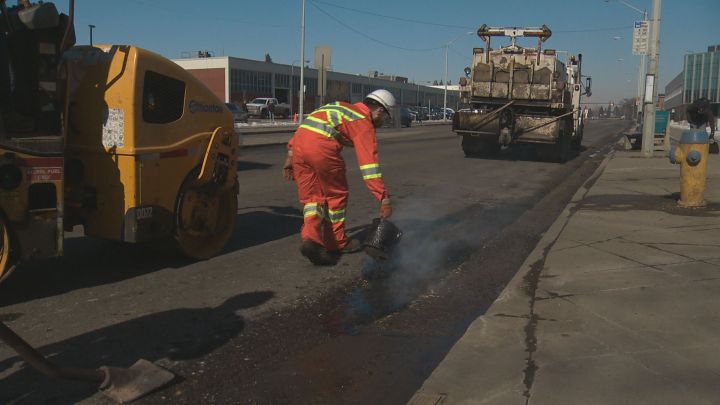 Edmonton road crews fill potholes Monday, March 12, 2018.