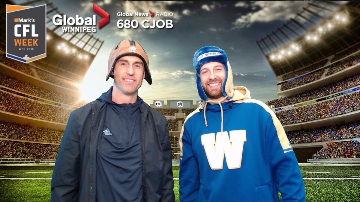 Ricky Ray and Matt Nichols posed at the
Global News green screen during CFL Week March 22-25, 2018.
