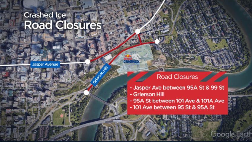 Road closures in place during Red Bull Crashed Ice in Edmonton.