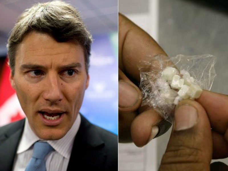 At left, Vancouver Mayor Gregor Robertson. At right, drugs in a baggie.