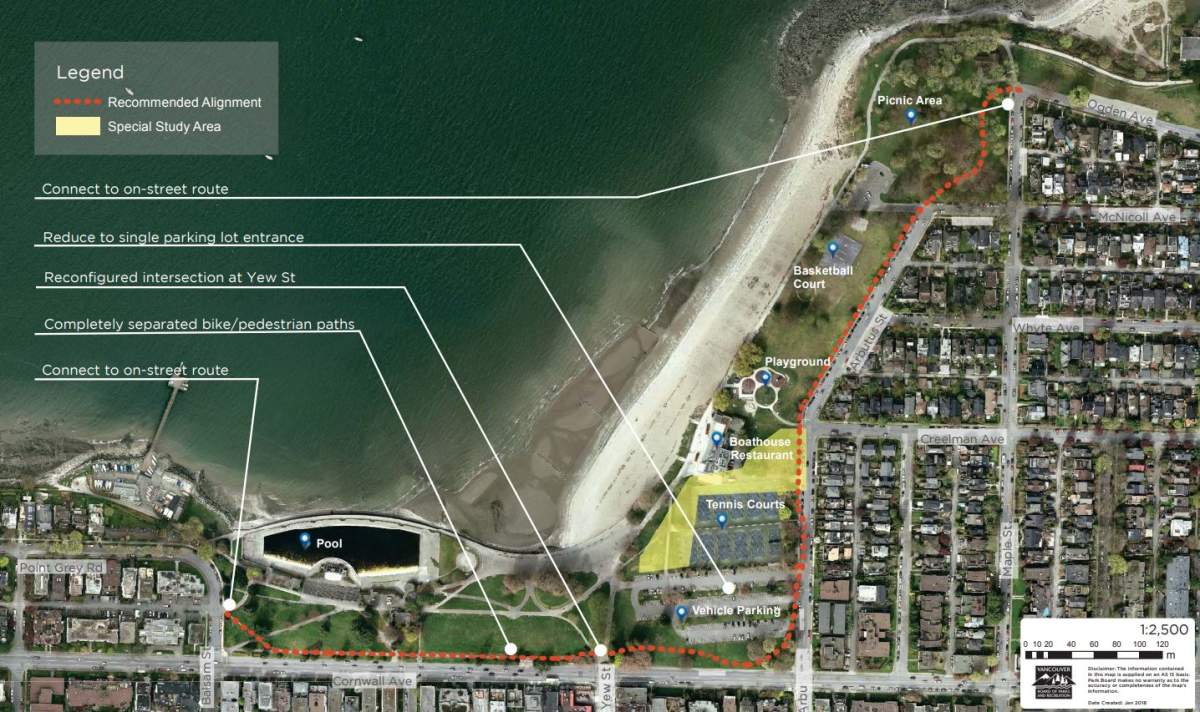 Vancouver city staff’s proposed route being discussed at Monday’s park board meeting, which would cut through the Kitsilano Beach Park green space at two key areas. (Courtesy City of Vancouver)