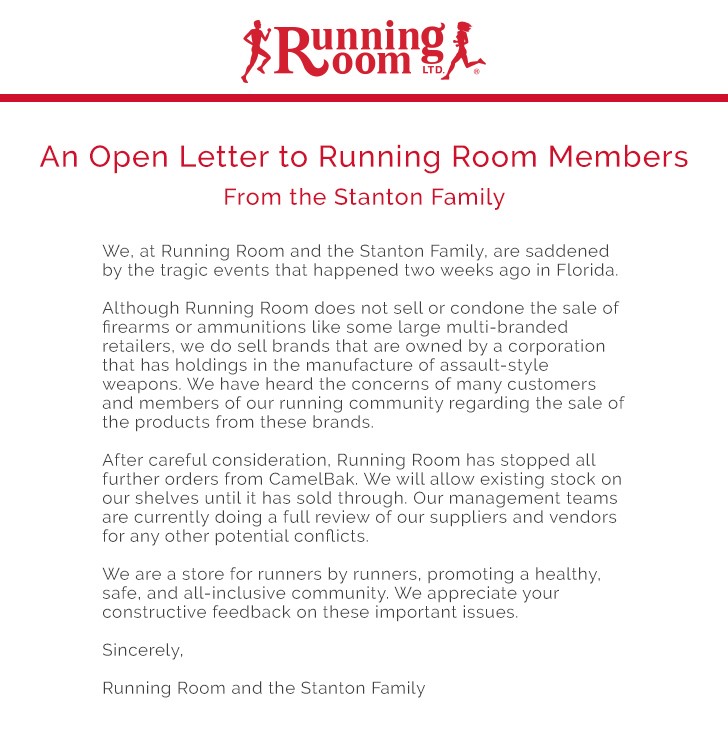 Running Room says it will let its current stock of CamelBak products sell out, and won’t re-order them.