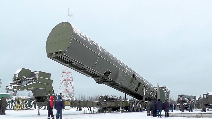 Russia’s new Sarmat intercontinental missile is shown at an undisclosed location in Russia.