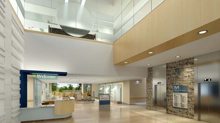 Artist rendering of the interior entrance of the new Saskatchewan Hospital North Battleford. Irene and Leslie Dubé have made a $1 million contribution to the new hospital.