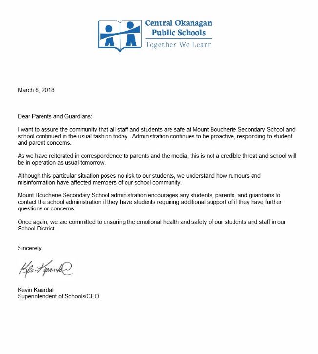 Letter by Kevin Kaardal, SD 23 Superintendent, March 8, 2018.