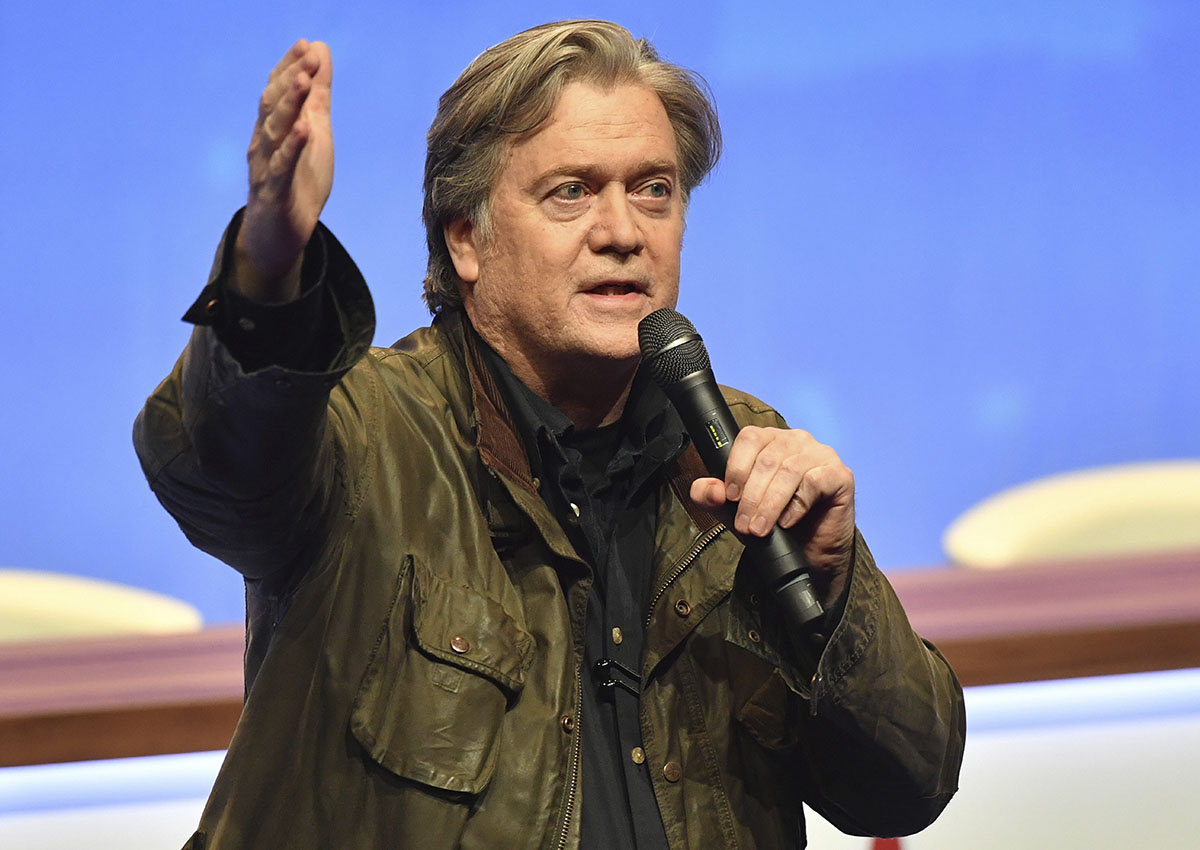 Steve Bannon addresses members of the far right National Front party at the party congress in the northern French city of Lille, Saturday, March 10, 2018. 