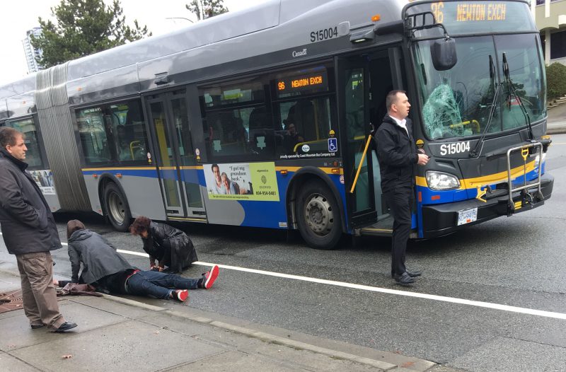 The scene immediately after a man was struck by a bus in Surrey Wednesday afternoon.
