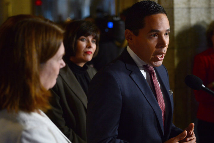 Indigenous Services Minister Jane Philpott (left) and Health Minister Ginette Petitpas Taylor (centre) look on as Inuit Tapiriit Kanatami (ITK) President Natan Obed addresses media in the Foyer outside the House of Commons in Ottawa on Thursday, Oct.5, 2017. 