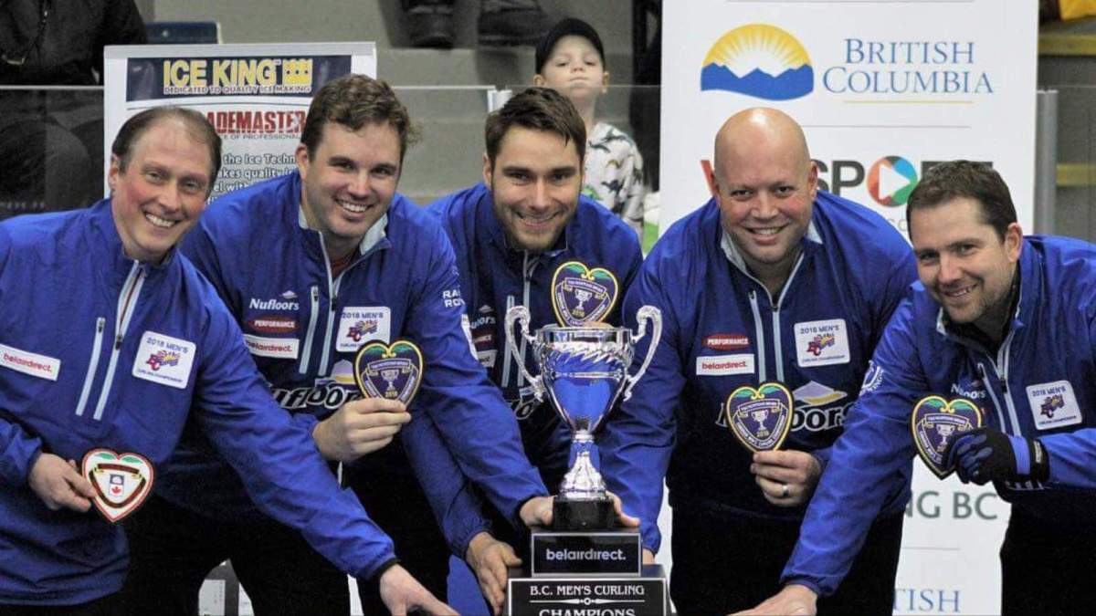 Team Geall celebrates with the trophy and patches after winning British Columbia’s men’s provincial play downs. L-R coach Gerry Richard, lead David Harper, second Andrew Nerpin, third Jeff Richard and skip Sean Geall.