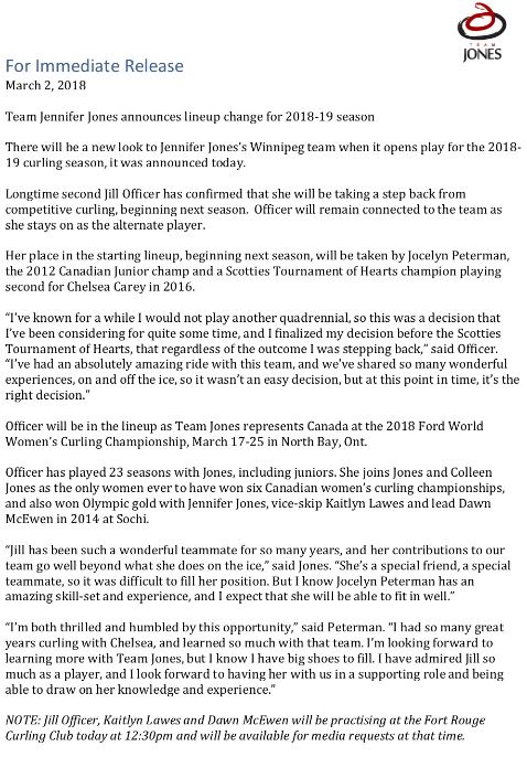 A press release issued March 2, 2018 announcing changes to Team Jennifer Jones.