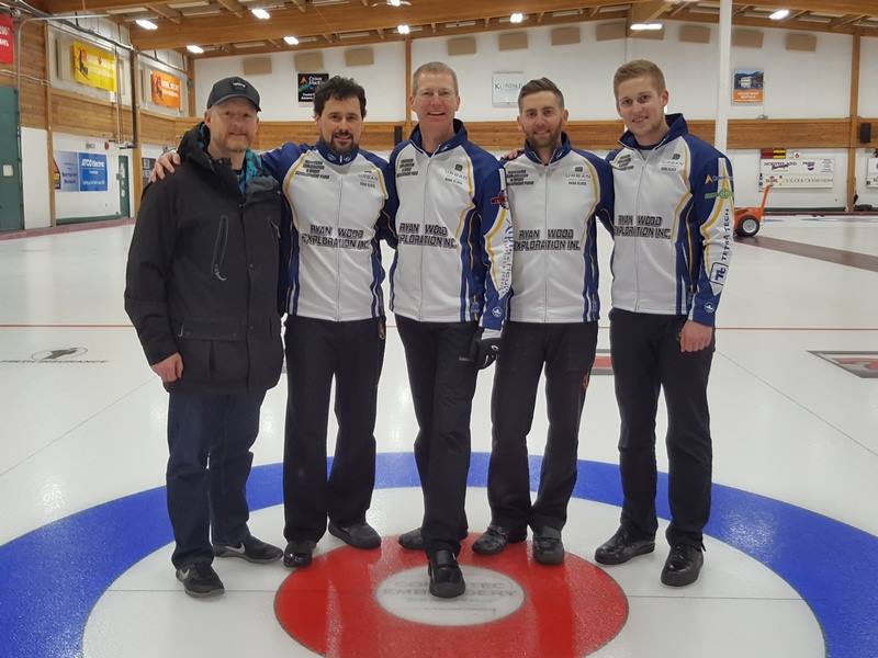 Team Scoffin poses on home ice at Whitehorse Curling Club. L-R Coach Jeff Hoffart, lead Steve Fecteau, second Wade Scoffin, third Tom Appelman and skip Thomas Scoffin.