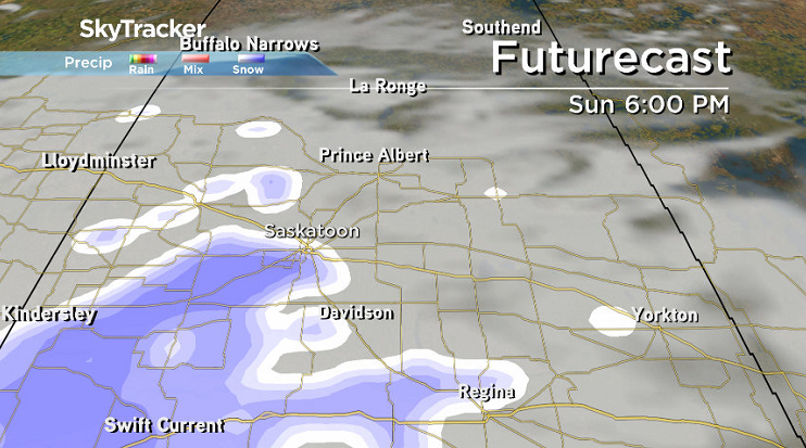 The next chance of snow moves into central Saskatchewan on Sunday.