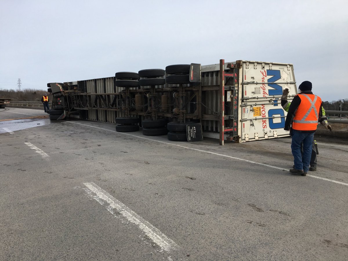 A tractor trailer rolled over on the Bedford Bypass in Lower Sackville on Friday afternoon.