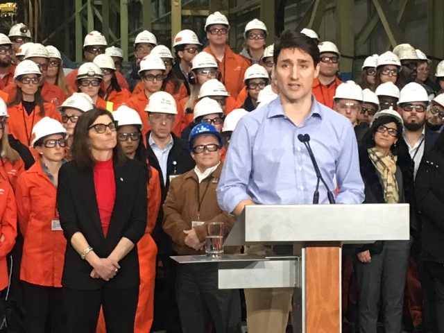 Prime Minister Justin Trudeau speaks to reporters following a tour of ArcelorMittal Dofasco's Hamilton plant.