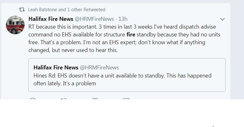 Some twitter users expressed concern over a perceived lack of ambulance response from Emergency Health Services to fire scenes in the Halifax Regional Municipality.