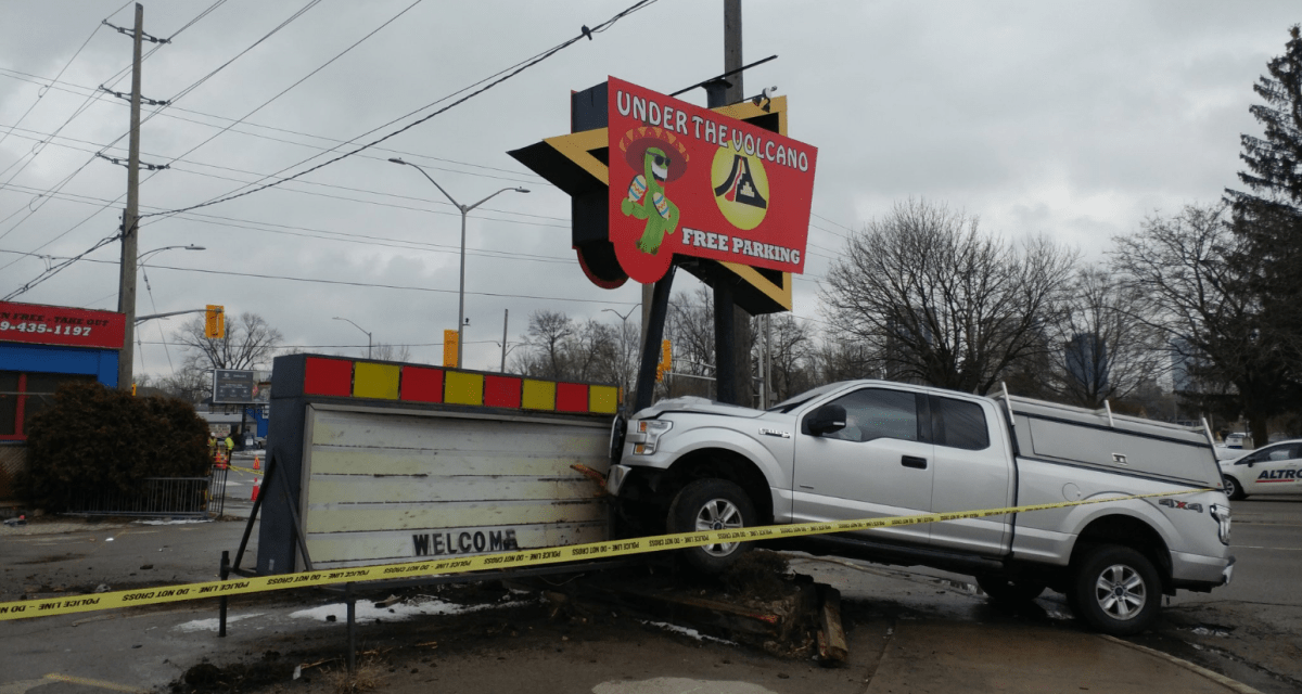 London police say they’re investigating after a stolen pickup truck crashed into the restaurant’s sign on the corner of Wharncliffe and Riverside at around 11:30 a.m.