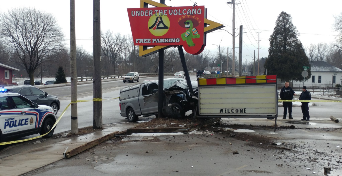 London police say they’re investigating after a stolen pickup truck crashed into the restaurant’s sign on the corner of Wharncliffe and Riverside at around 11:30 a.m.