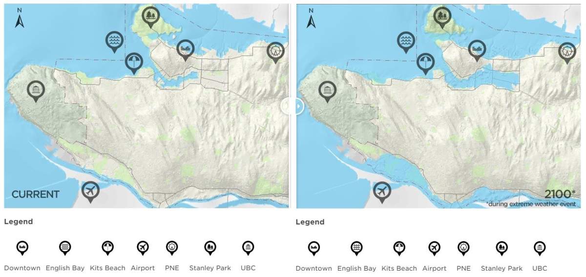 Map of sea levels, 2016 on the left and 2100 on the right if no adaptation measures are implemented.