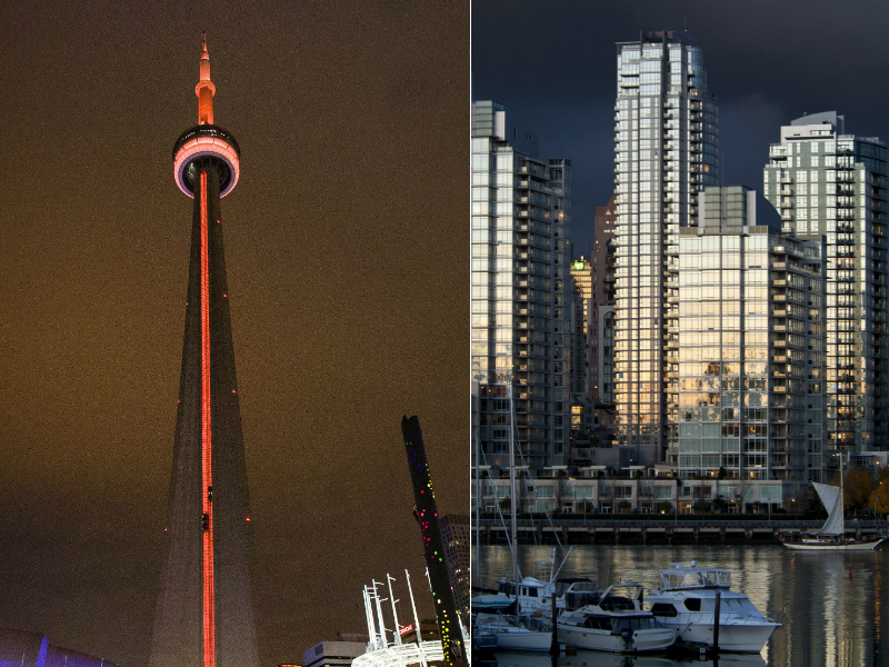 Left, Toronto's CN Tower. Right, condo buildings along Vancouver's False Creek.
