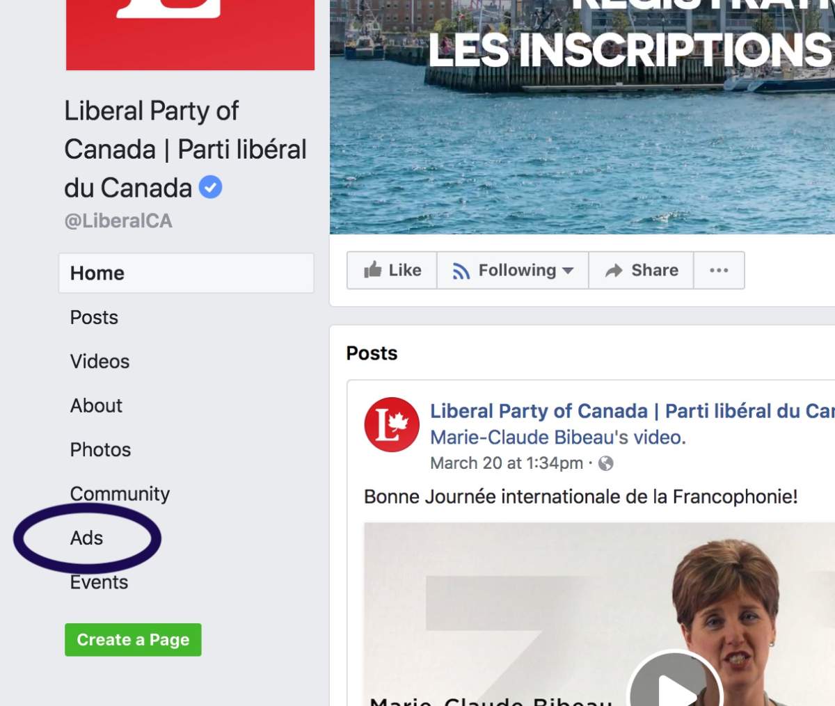 On some Facebook Pages, such as this one from the Liberals, you can view the current ad set by clicking on Ads in the menu to left of the screen.