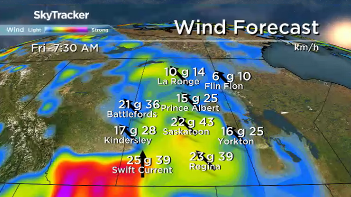 Winds will be a bit breezy from the southeast early Friday in central Saskatchewan.