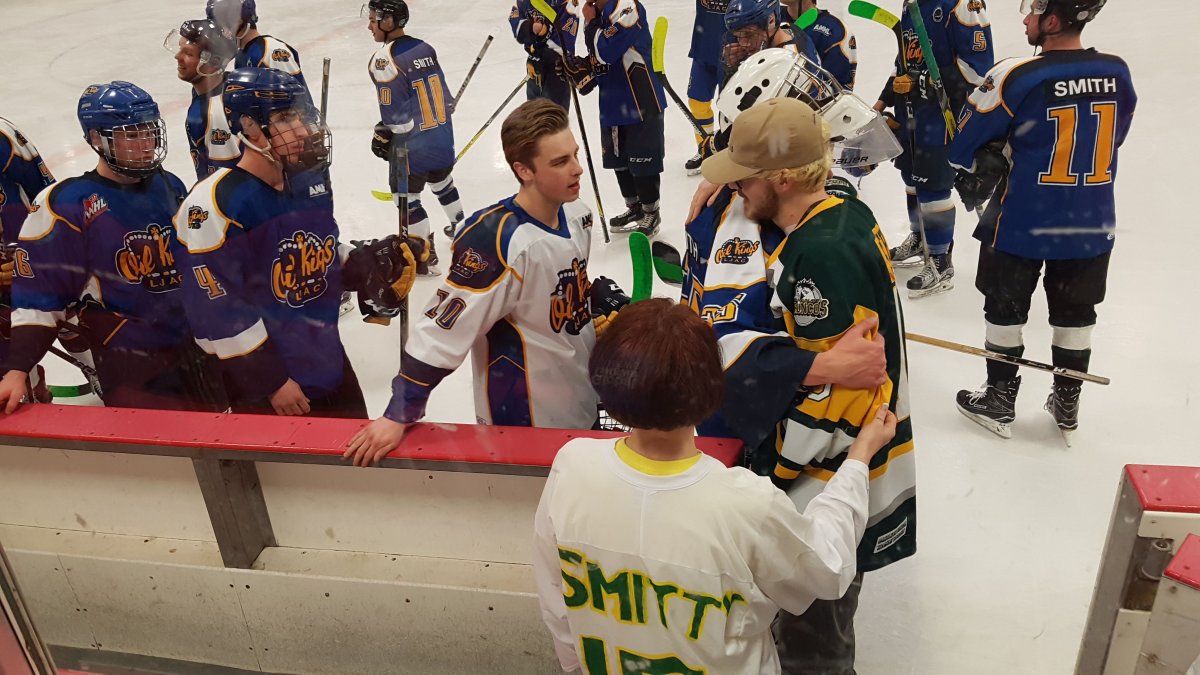 Humboldt Bronco player Tyler Smith attended the hockey game in Leduc and greeted every player.