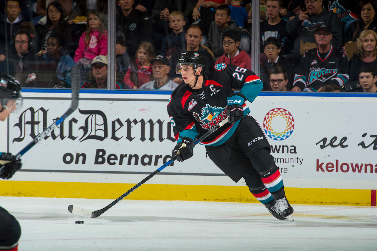 KELOWNA, CANADA - SEPTEMBER 22: Cal Foote #25 of the Kelowna Rockets skates behind the net with the puck against the Kamloops Blazers on September 22, 2017 at Prospera Place in Kelowna, British Columbia, Canada.  (Photo by Marissa Baecker/Shoot the Breeze)  *** Local Caption ***.