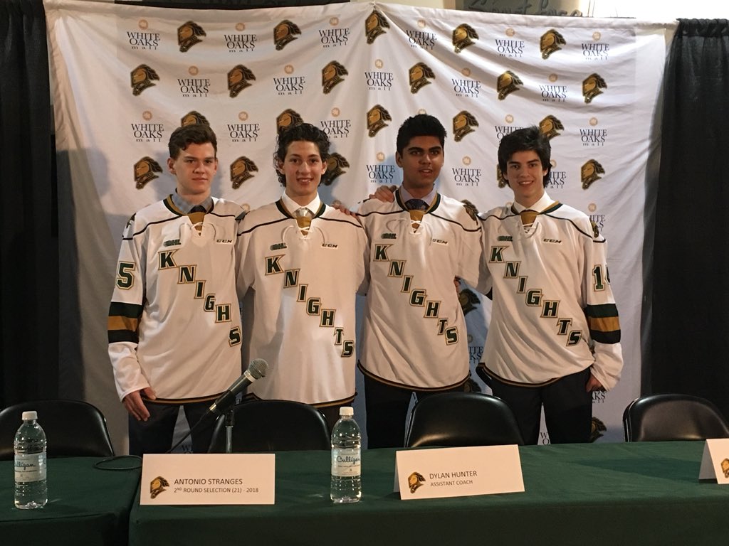 The first four picks of the London Knights 2018 OHL Priority Selection class: Gerard Keane (left), Antonio Stranges (centre-left), Sahil Panwar (centre-right), and Luke Evangelista.