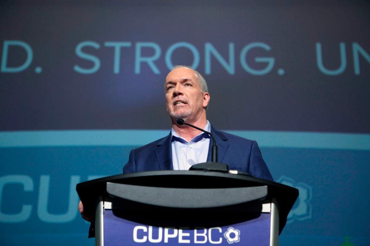 BC NDP leader John Horgan speaks to CUPE members and delegates during a campaign stop at the Victoria Convention Centre in Victoria, B.C., on Friday, April 28, 2017.