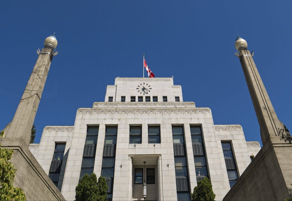 A low-angle view of Vancouver's art deco city hall building, Vancouver, B.C., on Tuesday, July 4, 2017.