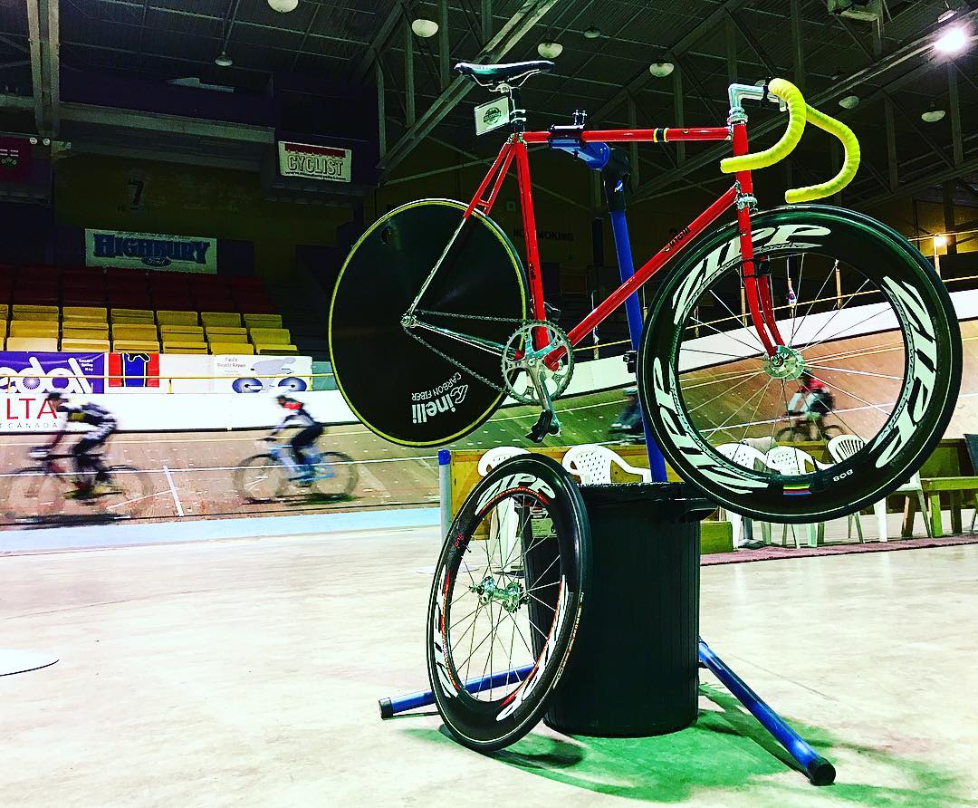 Cyclists make their way around the Forest City Velodrome. 