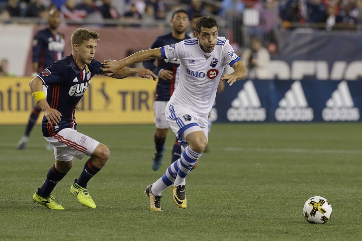 In this Sept. 2017 file photo, Montreal Impact midfielder Blerim Dzemaili (31) out paces New England Revolution midfielder Scott Caldwell (6) as they move in on a free ball during the first half of their MLS soccer game. The New England Revolution eased past the 10-man Montreal Impact 4-0 on Friday night in Foxborogough, Mass. Friday, April 6, 2018.