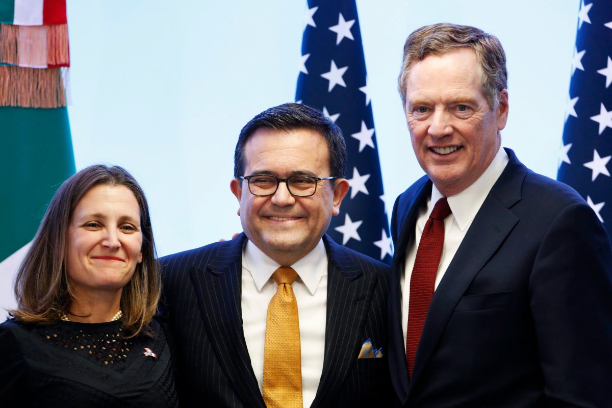 FILE -- Canadian Foreign Affairs Minister Chrystia Freeland, left, Mexico's Secretary of Economy Ildefonso Guajardo Villarreal, center, and U.S. Trade Representative Robert Lighthizer pose for a photo at a press conference regarding the seventh round of NAFTA renegotiations in Mexico City, Monday, March 5, 2018. 