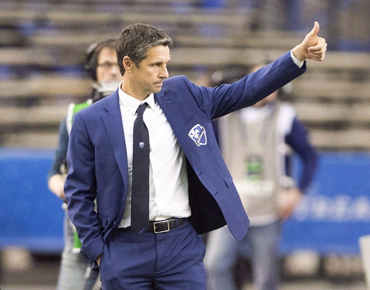 In this file photo, Montreal Impact coach Remi Garde signals during second half MLS action against the Toronto FC, in Montreal on Saturday, March 17, 2018. Montreal (2-2-0) won its second straight against the Seattle Sounders after an 0-2-0 start. Saturday, March 31, 2018.
