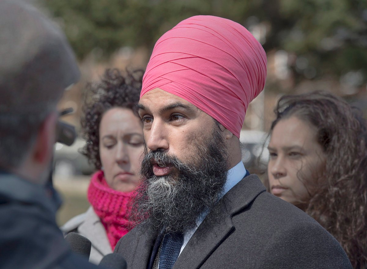 Jagmeet Singh, federal New Democratic Party leader, talks with reporters as he visits Halifax on Thursday, April 5, 2018. 