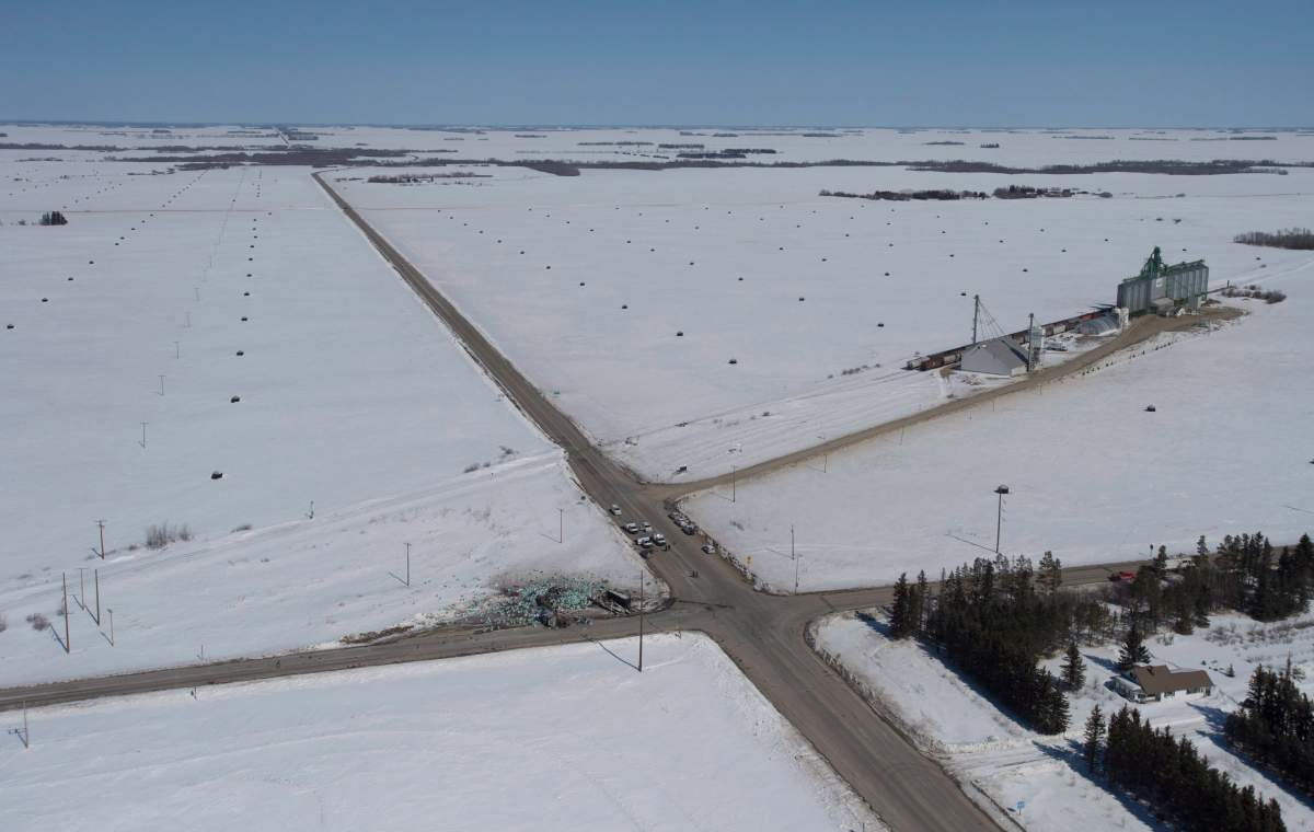The wreckage of a fatal crash outside of Tisdale, Sask., is seen Saturday, April, 7, 2018.