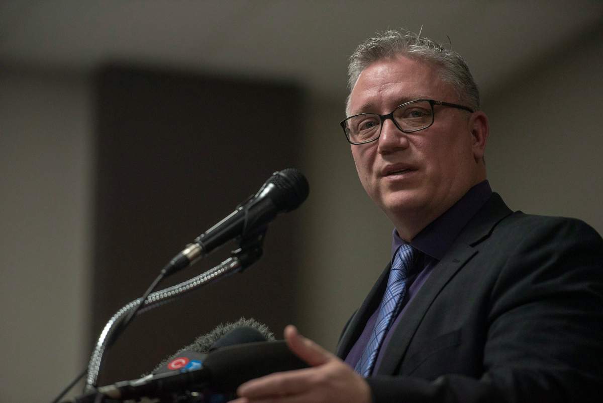 Kevin Garinger, President of the Humboldt Broncos, speaks during a media event at Elgar Petersen Arena in Humboldt, Sask., on Sunday, April 8, 2018.