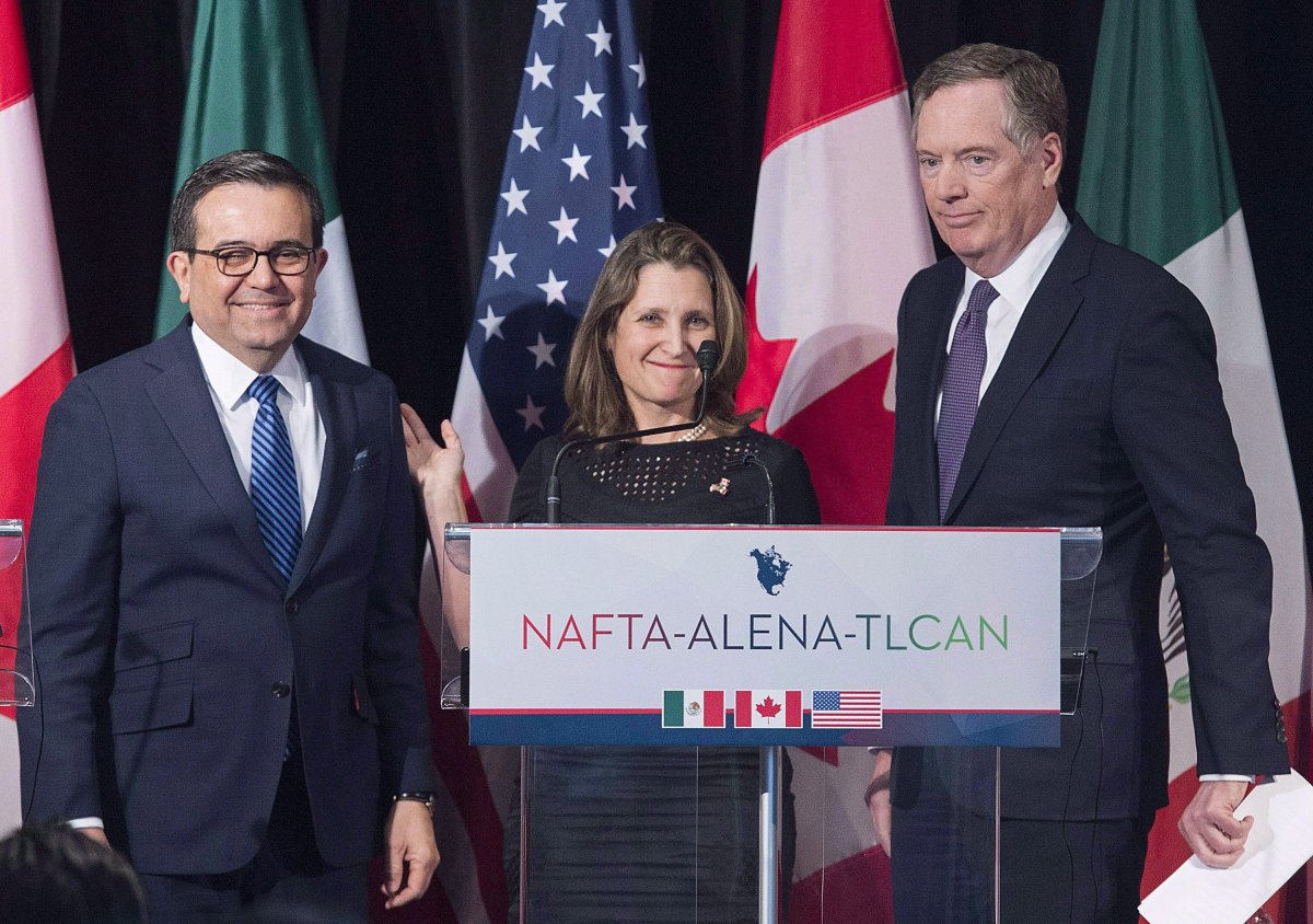 Foreign Affairs Minister Chrystia Freeland leaves the stage with United States Trade Representative Robert Lighthizer, right, and Mexico's Secretary of Economy Ildefonso Guajardo Villarrea after delivering statements to the media during the sixth round of negotiations for a new North American Free Trade Agreement in Montreal on January 29, 2018. There's an 80 per cent chance of a new NAFTA agreement in principle within a month. That's according to Mexico's minister leading the file. Ildefonso Guajardo told the Mexican network Televisa this morning that he believes a deal is probable soon. THE CANADIAN PRESS/Graham Hughes.