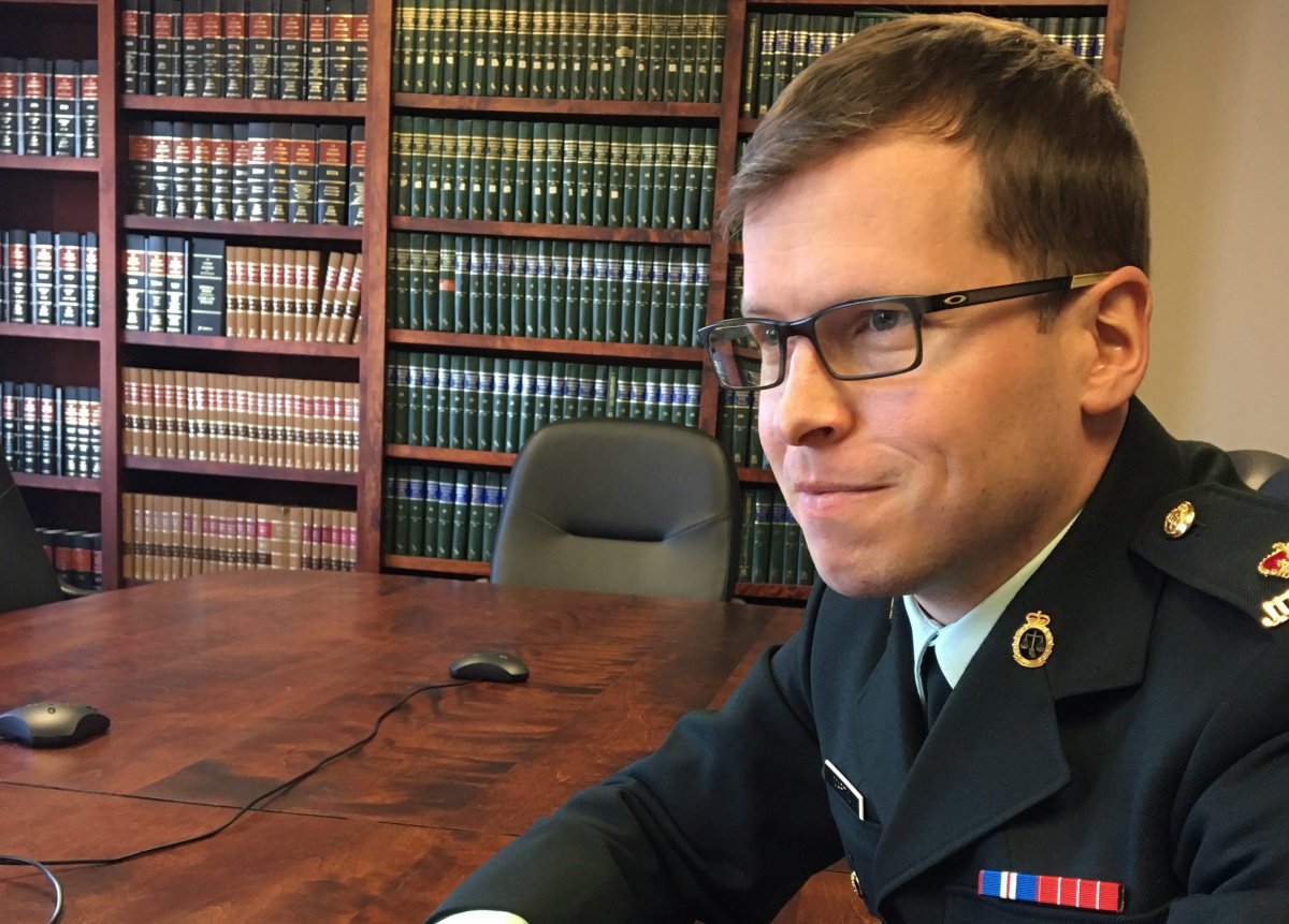 Prosecutor Maj. Dominic Martin is shown at the court martial of former reservist Andreas Felipe Florian-Rodriguez in Halifax, Monday, April 9, 2018.