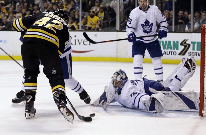 Toronto Maple Leafs goaltender Frederik Andersen (31) sprawls, but cannot stop a goal by Boston Bruins right wing David Backes (42) during the second period of Game 1 of an NHL hockey first-round playoff series on Thursday in Boston.