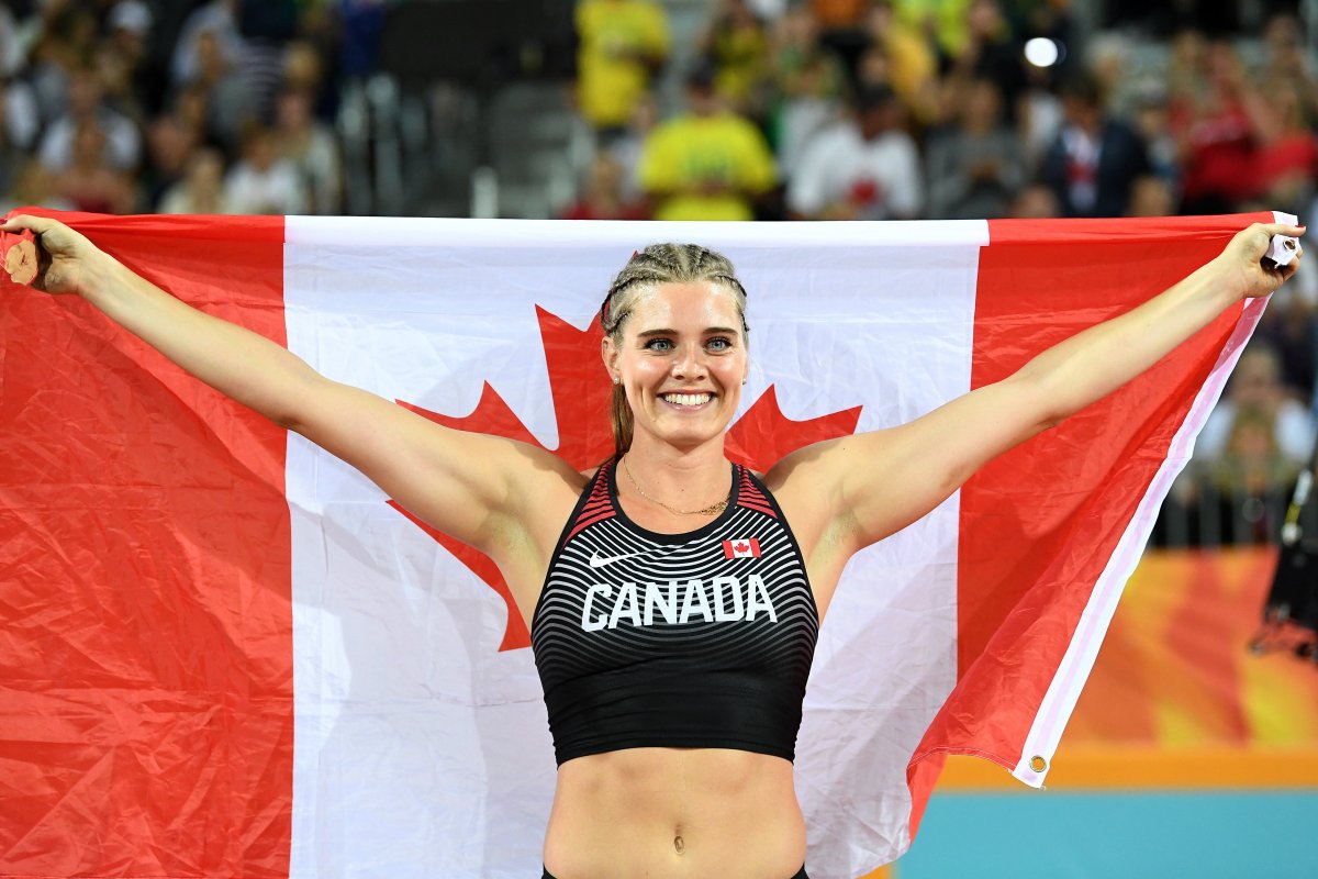 Gold medalist Alysha Newman of Canada celebrates after the Women's Pole Vault Final of the XXI Commonwealth Games at Carrara Stadium on the Gold Coast, Australia, 13 April 2018.  EPA/DEAN LEWINS  AUSTRALIA AND NEW ZEALAND OUT.