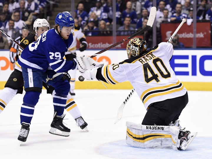 Boston Bruins goaltender Tuukka Rask (40) stops Toronto Maple Leafs centre William Nylander (29) during second period NHL round one playoff hockey action in Toronto on Thursday.