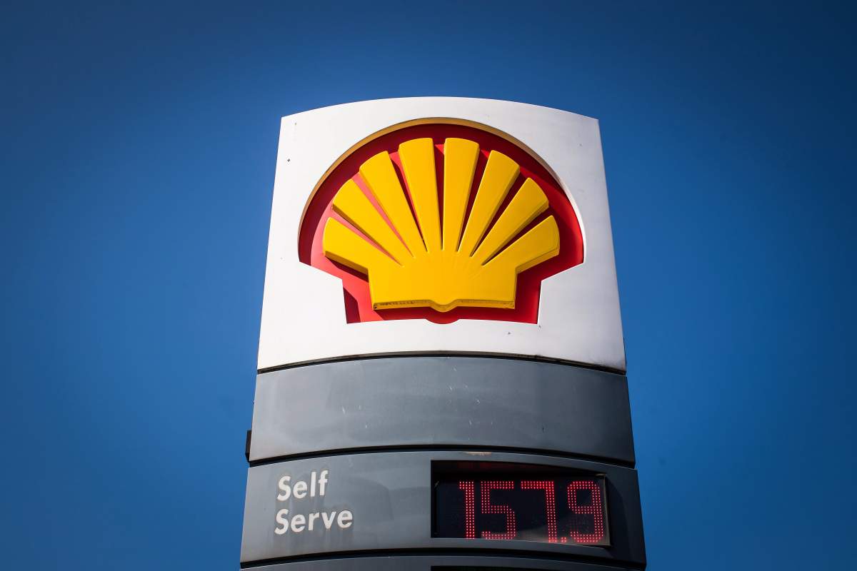The price of a litre of gasoline of $1.579, an all-time high for the city, is displayed on a sign at a Shell gas station in Vancouver, B.C., on Sunday April 22, 2018. 