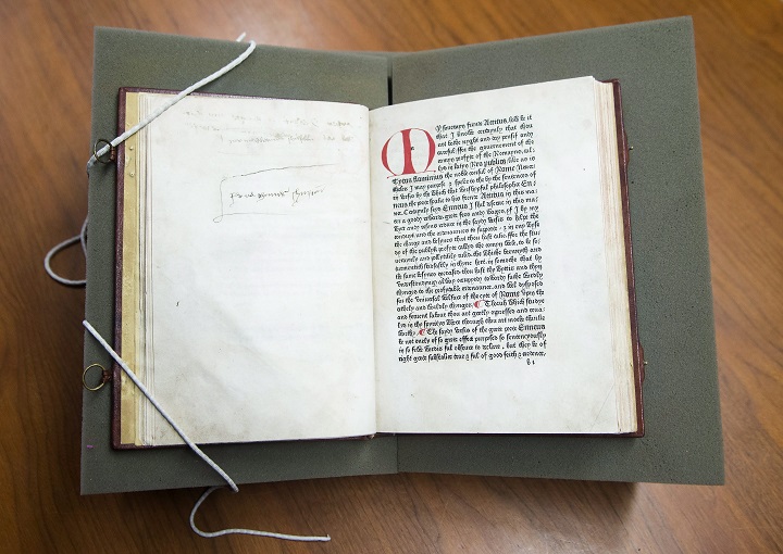 William Caxton's 1481 printing of Cicero, which is Canada's oldest printed book in English, is shown at the University of Toronto's Thomas Fisher Rare Book Library in Toronto on Friday, April 20, 2018. 