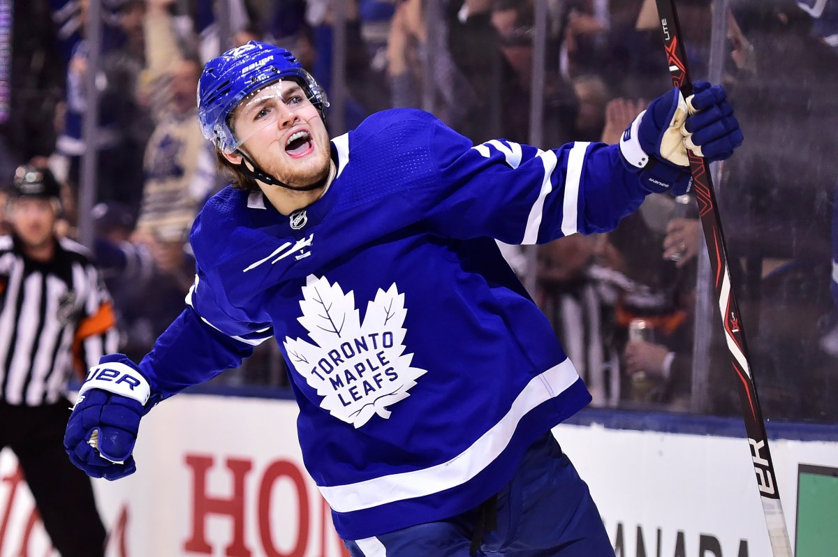 Toronto Maple Leafs centre William Nylander (29) celebrates his goal against the Boston Bruins during second period NHL round one playoff hockey action in Toronto on Monday, April 23, 2018. THE CANADIAN PRESS/Frank Gunn.
