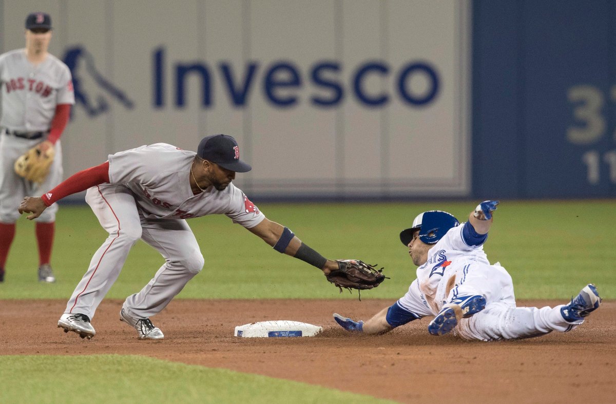 Toronto Blue Jays' Steve Pearce slides safely into second with a double as Boston Red Sox's Eduardo Nunez just misses with the tag during first inning American League MLB baseball action in Toronto on Wednesday April 25, 2018. 